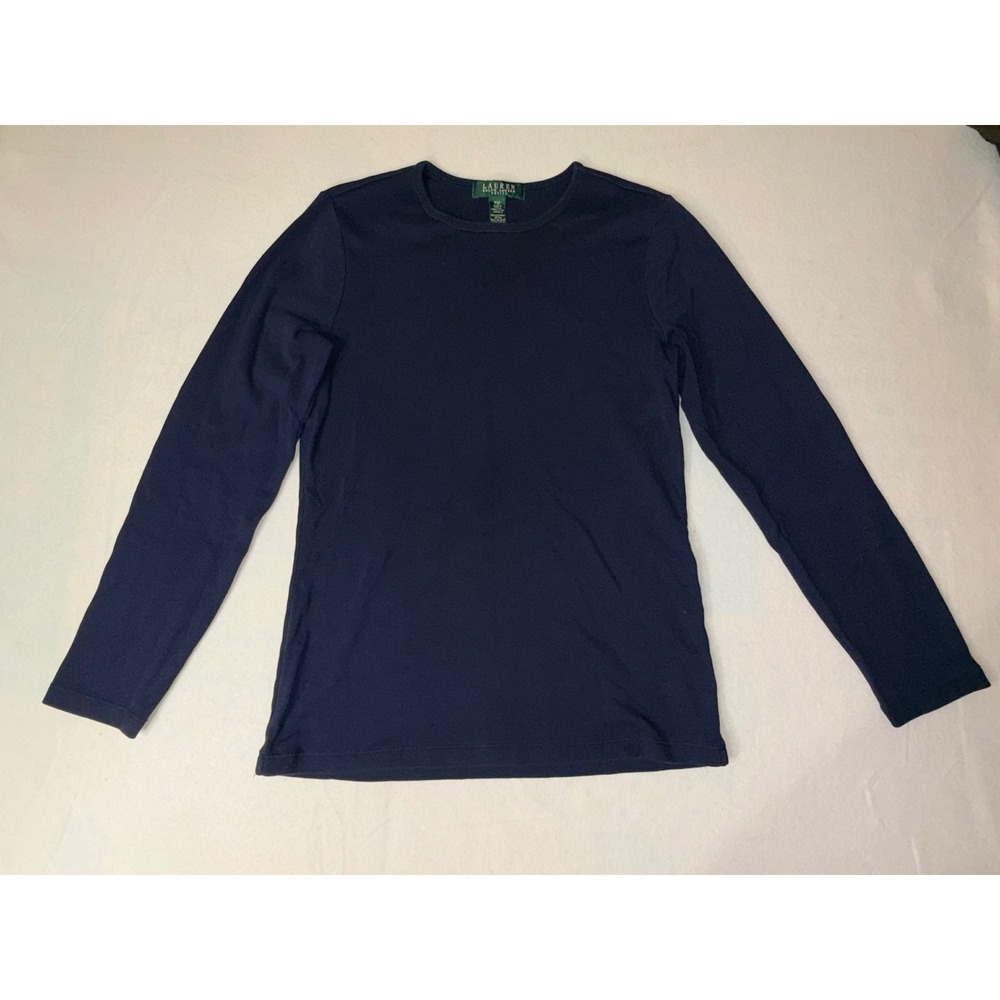 Lauren Ralph Lauren Top Women PM Navy Blue Long Sleeve Cotton Ribbed